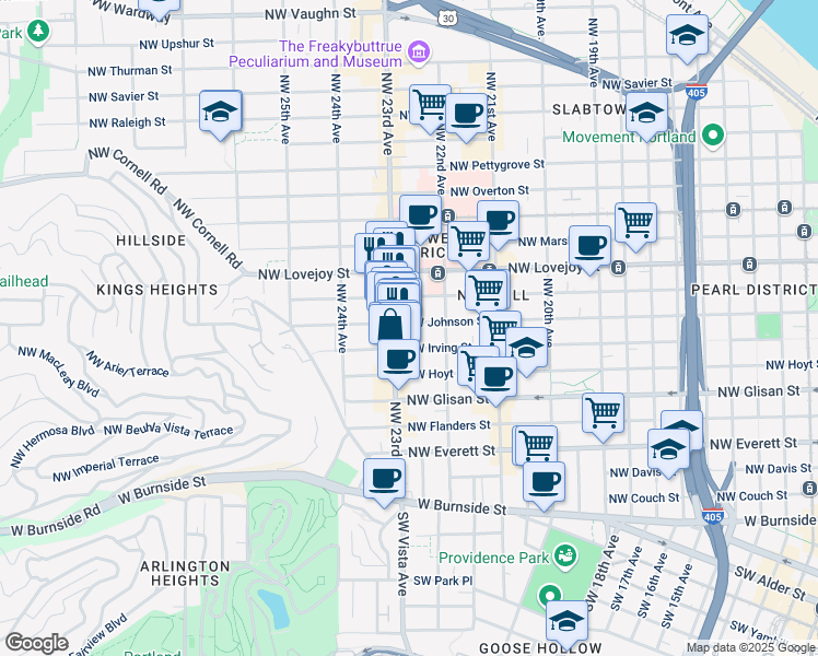 map of restaurants, bars, coffee shops, grocery stores, and more near 817 Northwest 23rd Avenue in Portland