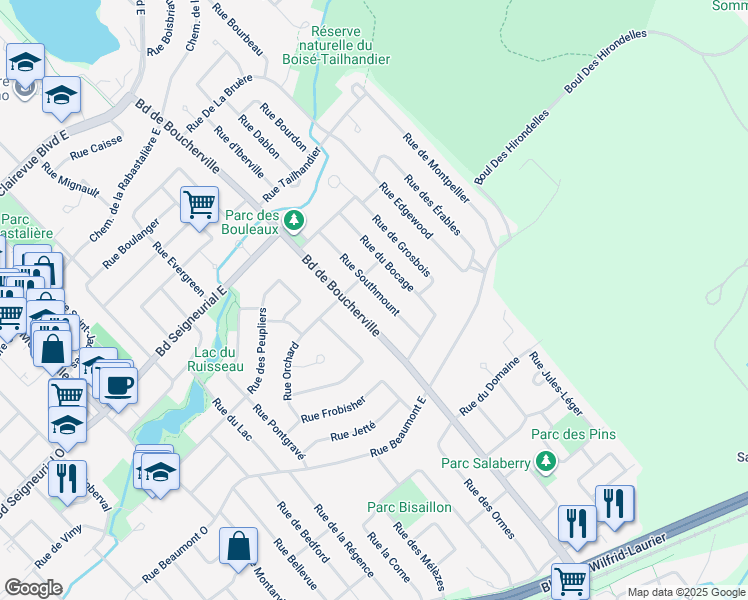 map of restaurants, bars, coffee shops, grocery stores, and more near 1795 Rue Southmount in Saint-Bruno-de-Montarville