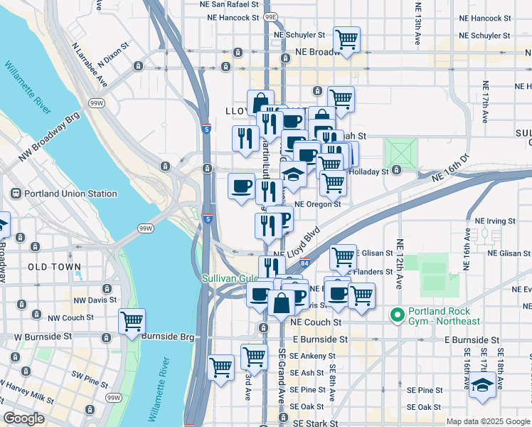 map of restaurants, bars, coffee shops, grocery stores, and more near 777 Northeast Martin Luther King Junior Boulevard in Portland