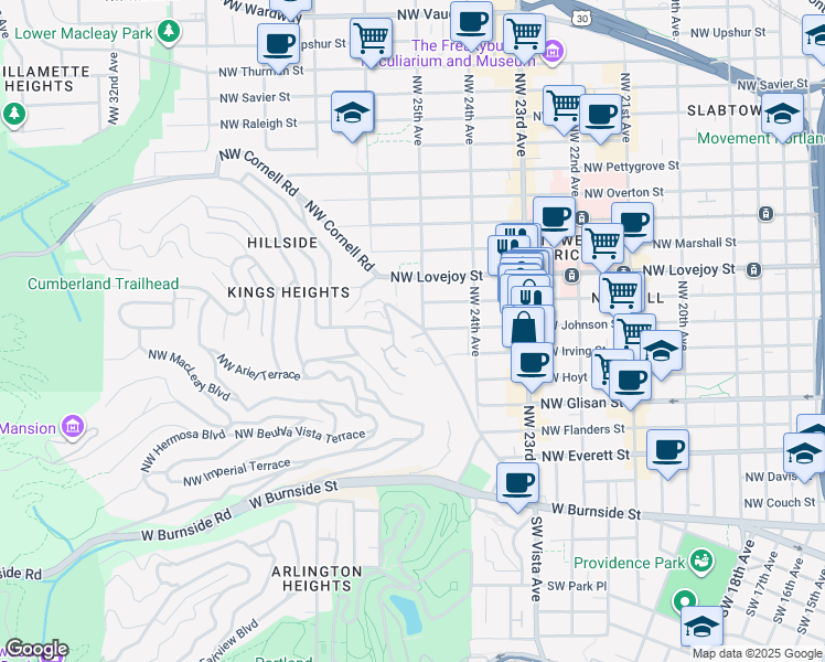 map of restaurants, bars, coffee shops, grocery stores, and more near 2502 Northwest Westover Road in Portland