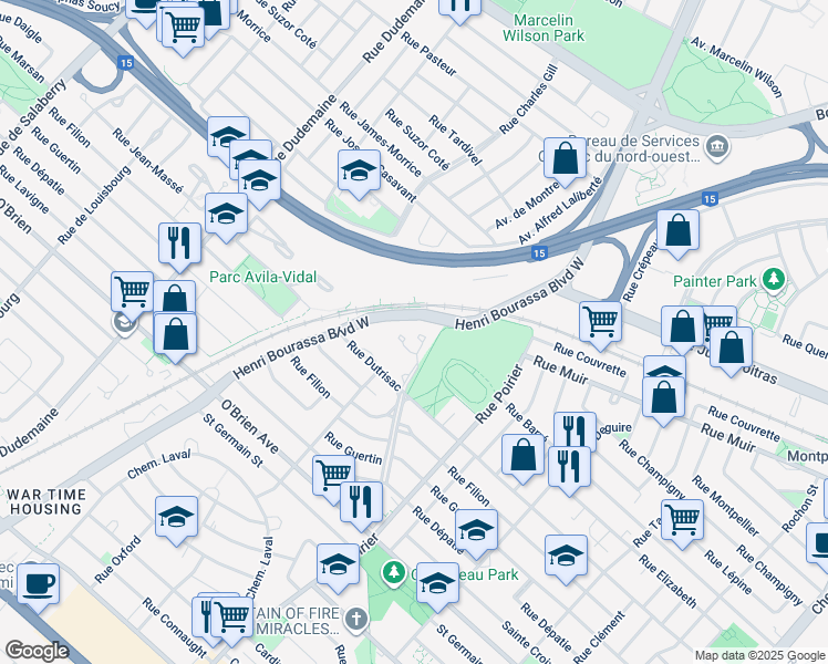 map of restaurants, bars, coffee shops, grocery stores, and more near 875 Croissant du Ruisseau in Montreal