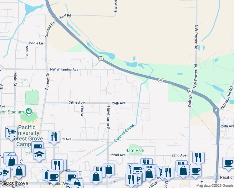 map of restaurants, bars, coffee shops, grocery stores, and more near 2709 Fletch Street in Forest Grove