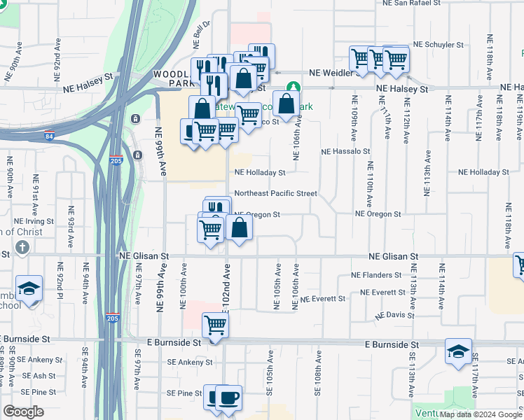 map of restaurants, bars, coffee shops, grocery stores, and more near 10333 Northeast Oregon Street in Portland