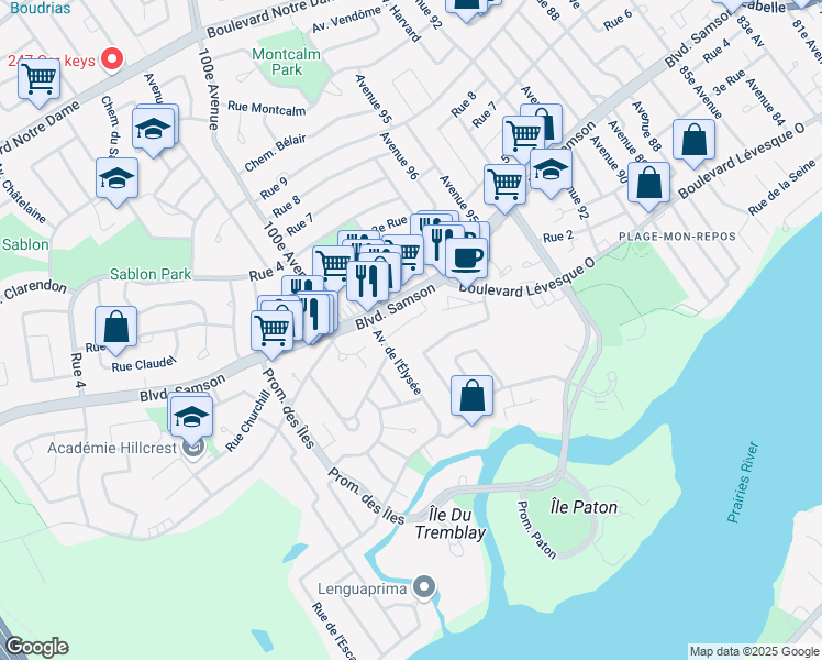 map of restaurants, bars, coffee shops, grocery stores, and more near 4600 Boulevard Samson in Laval