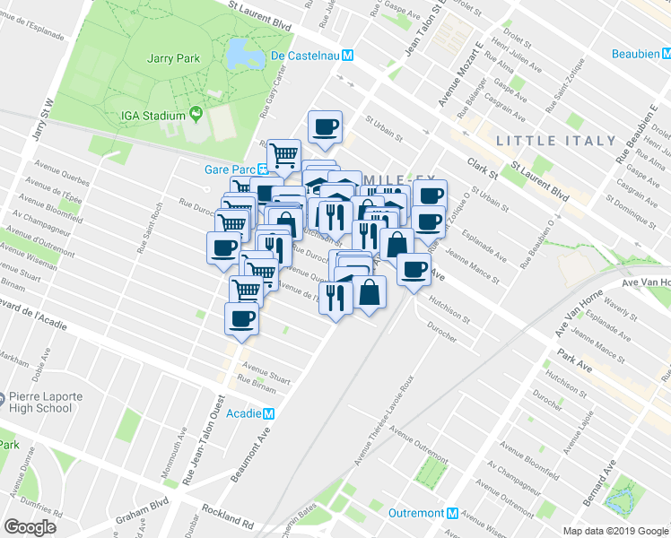 map of restaurants, bars, coffee shops, grocery stores, and more near 6982 Rue Durocher in Montréal