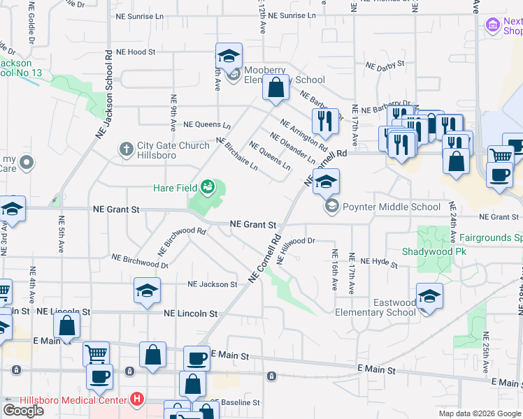 map of restaurants, bars, coffee shops, grocery stores, and more near 1215 Northeast Grant Street in Hillsboro