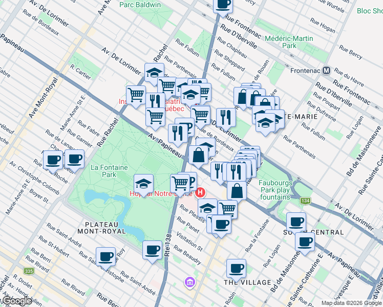 map of restaurants, bars, coffee shops, grocery stores, and more near 1842 Rue Sherbrooke Est in Montréal