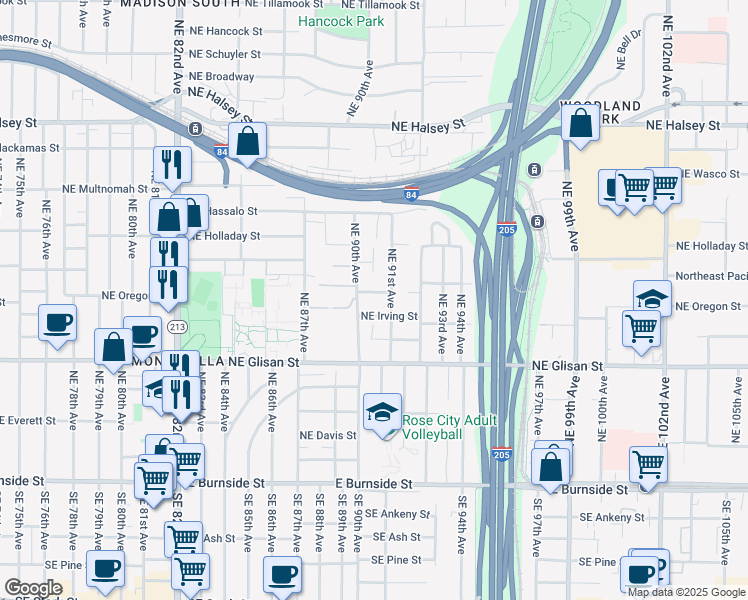 map of restaurants, bars, coffee shops, grocery stores, and more near 9003 Northeast Irving Street in Portland