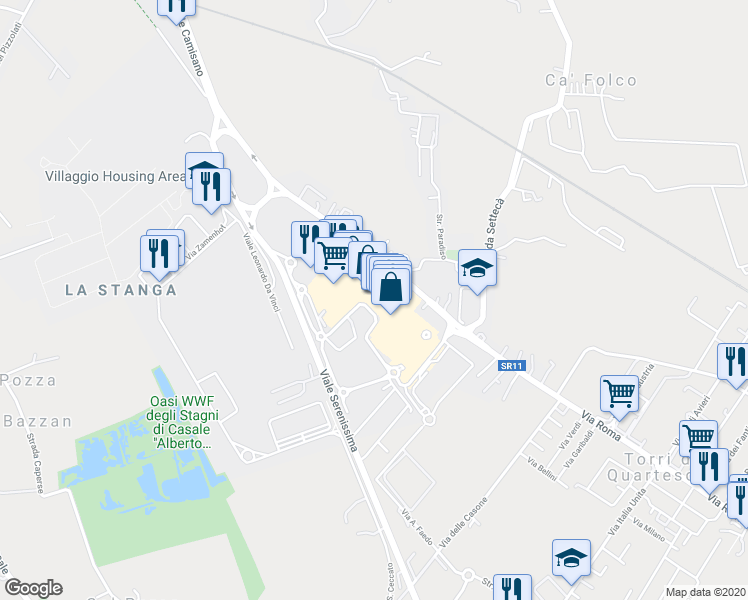 map of restaurants, bars, coffee shops, grocery stores, and more near 60 Strada Padana verso Padova in Vicenza