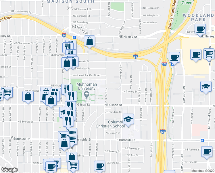 map of restaurants, bars, coffee shops, grocery stores, and more near 702 Northeast 87th Avenue in Portland