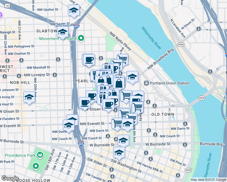 map of restaurants, bars, coffee shops, grocery stores, and more near in Portland