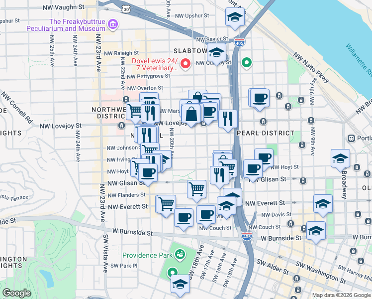 map of restaurants, bars, coffee shops, grocery stores, and more near 777 Northwest 19th Avenue in Portland