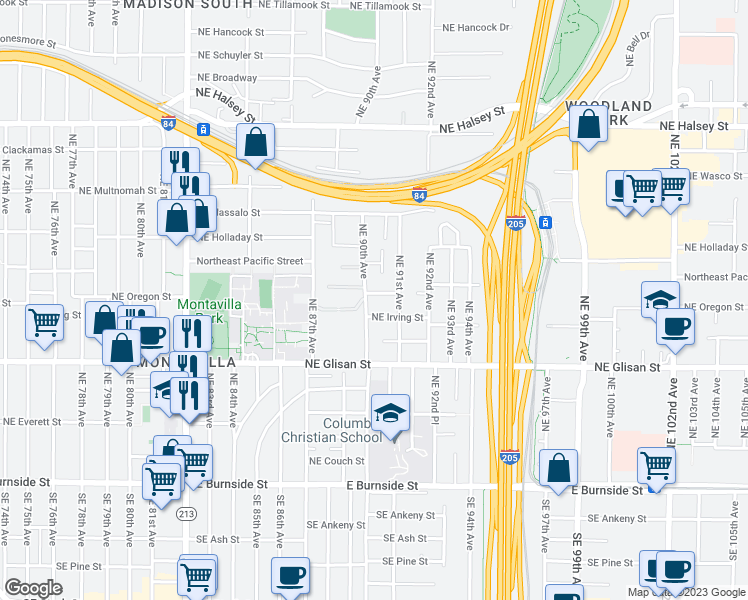 map of restaurants, bars, coffee shops, grocery stores, and more near 9003 Northeast Irving Street in Portland