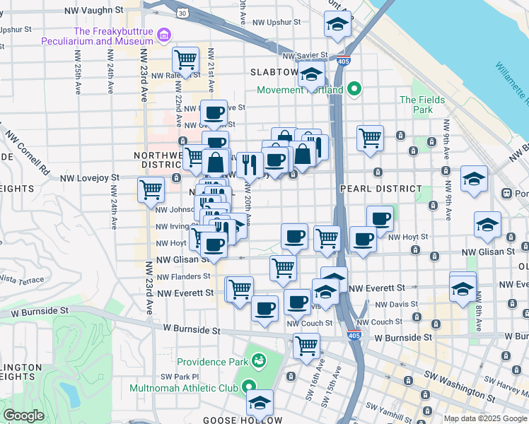 map of restaurants, bars, coffee shops, grocery stores, and more near 1929 Northwest Irving Street in Portland