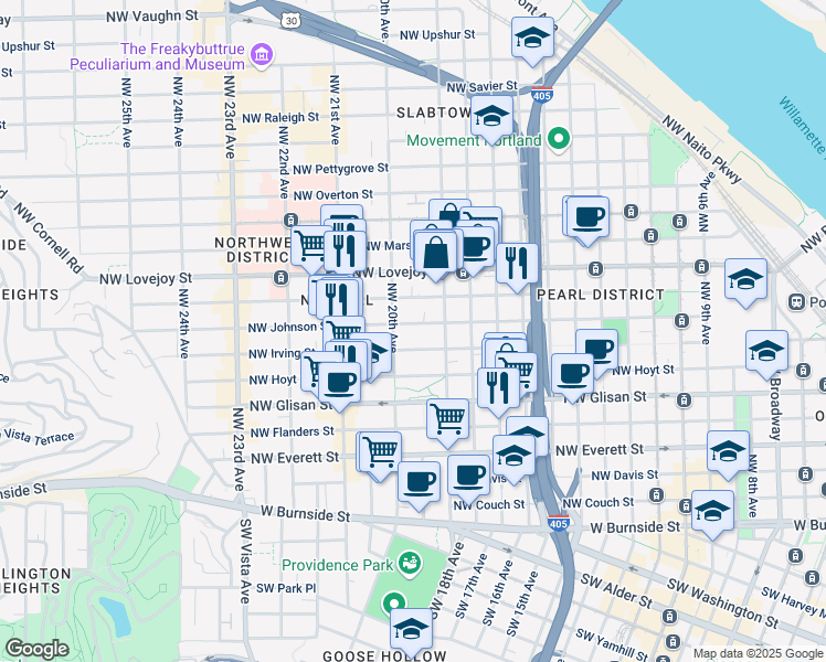 map of restaurants, bars, coffee shops, grocery stores, and more near 1929 Northwest Irving Street in Portland