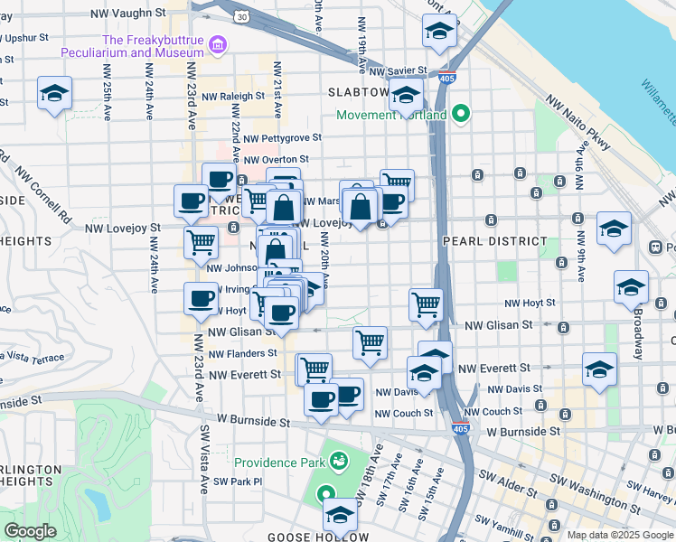 map of restaurants, bars, coffee shops, grocery stores, and more near 709 Northwest 20th Avenue in Portland