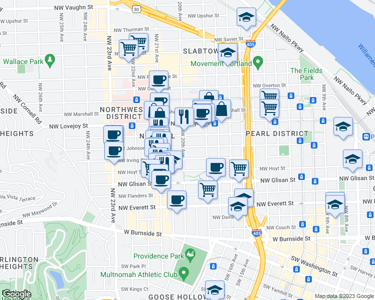 map of restaurants, bars, coffee shops, grocery stores, and more near 709 Northwest 20th Avenue in Portland