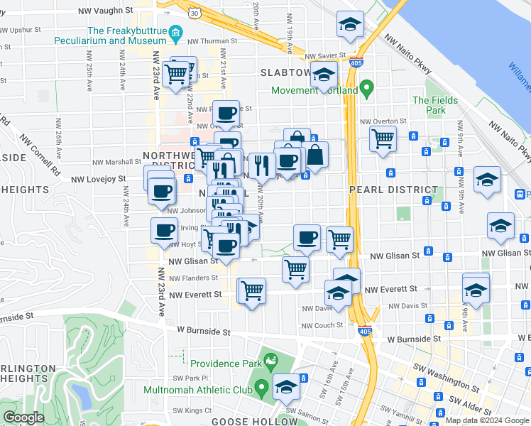 map of restaurants, bars, coffee shops, grocery stores, and more near 709 Northwest 20th Avenue in Portland