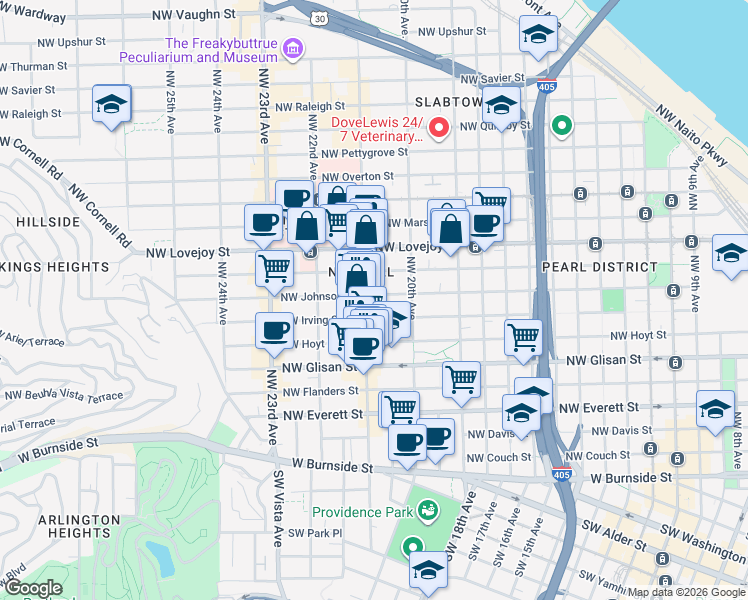 map of restaurants, bars, coffee shops, grocery stores, and more near 710-712 Northwest 21st Avenue in Portland