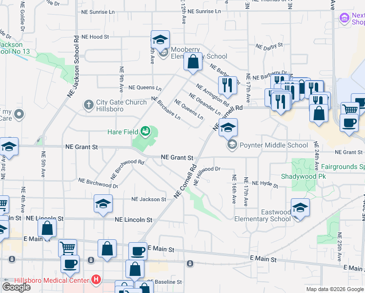 map of restaurants, bars, coffee shops, grocery stores, and more near 1215 Northeast Grant Street in Hillsboro