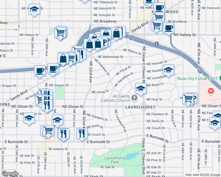 map of restaurants, bars, coffee shops, grocery stores, and more near 3453 Northeast Irving Street in Portland