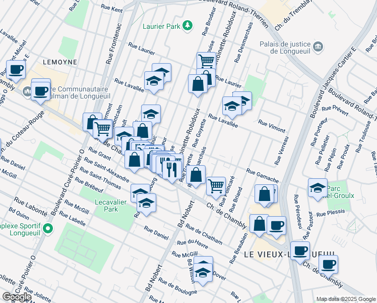 map of restaurants, bars, coffee shops, grocery stores, and more near 2288 Rue Gamache in Longueuil