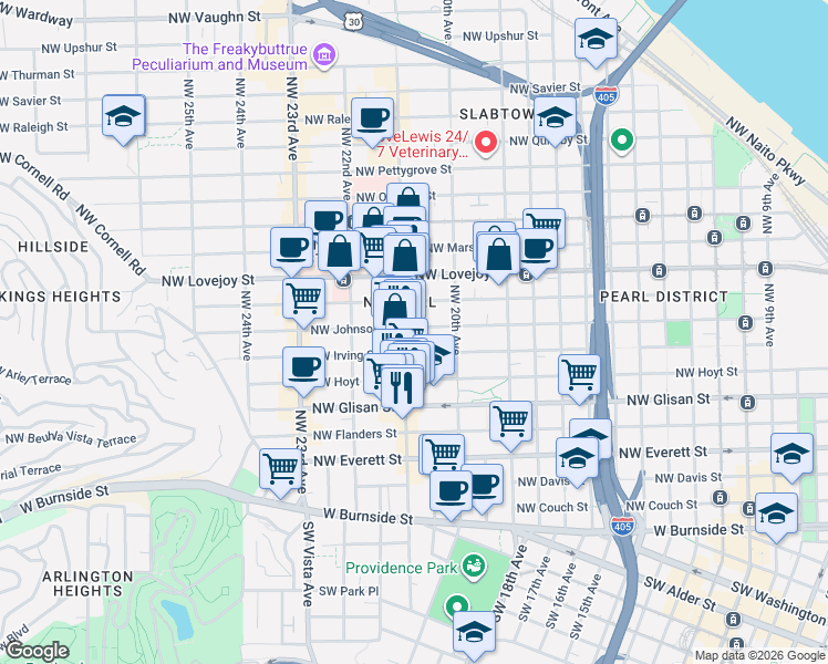 map of restaurants, bars, coffee shops, grocery stores, and more near 2076 Northwest Johnson Street in Portland