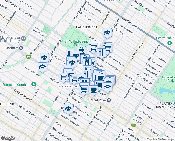 map of restaurants, bars, coffee shops, grocery stores, and more near 820 Boulevard Saint-Joseph Est in Montréal