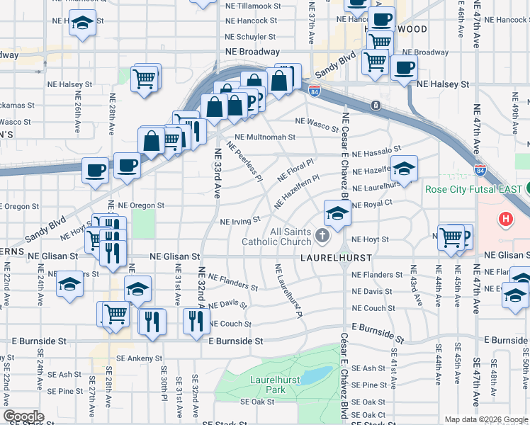 map of restaurants, bars, coffee shops, grocery stores, and more near 3453 Northeast Irving Street in Portland