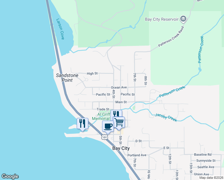 map of restaurants, bars, coffee shops, grocery stores, and more near 5575 Ocean Street in Bay City