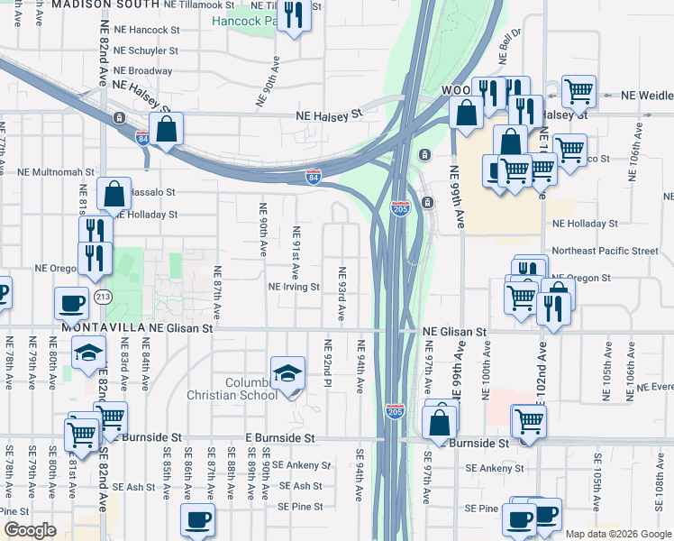 map of restaurants, bars, coffee shops, grocery stores, and more near 729 Northeast 93rd Avenue in Portland