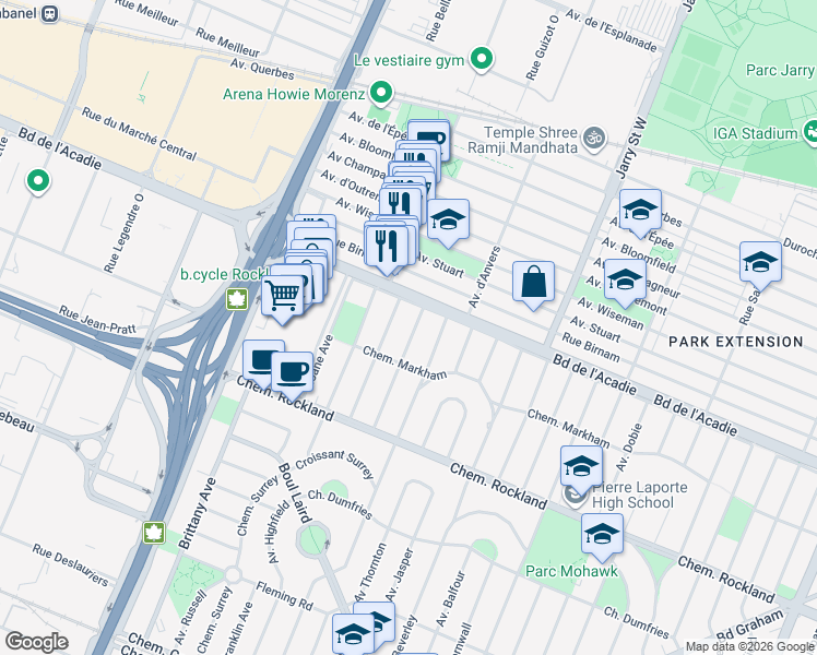 map of restaurants, bars, coffee shops, grocery stores, and more near 455 Avenue Lethbridge in Mont-Royal