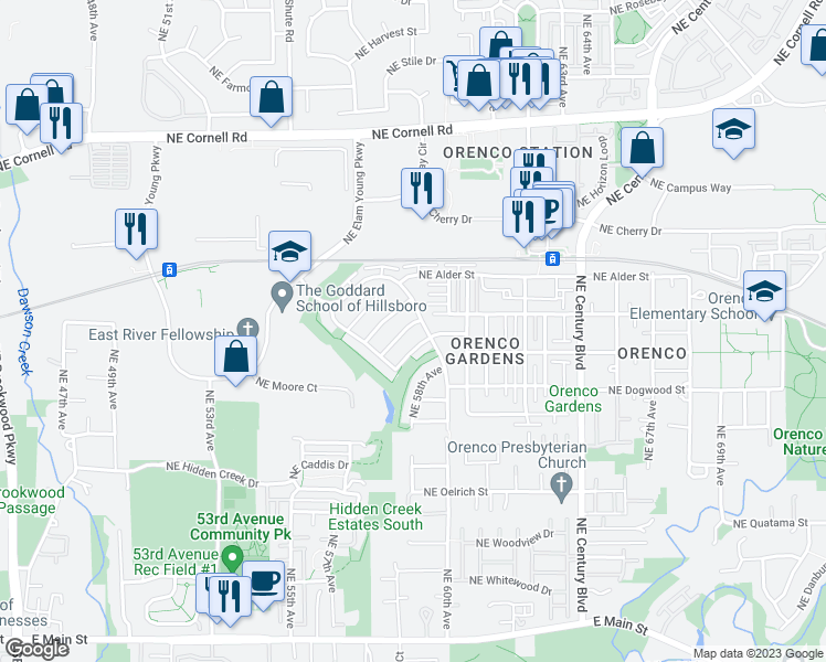 map of restaurants, bars, coffee shops, grocery stores, and more near 5896 Northeast Tunbridge Street in Hillsboro