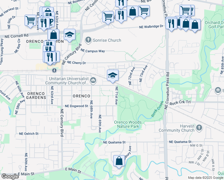 map of restaurants, bars, coffee shops, grocery stores, and more near 22550 Northwest Birch Street in Hillsboro
