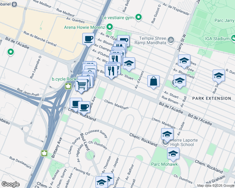map of restaurants, bars, coffee shops, grocery stores, and more near 455 Avenue Lethbridge in Mont-Royal