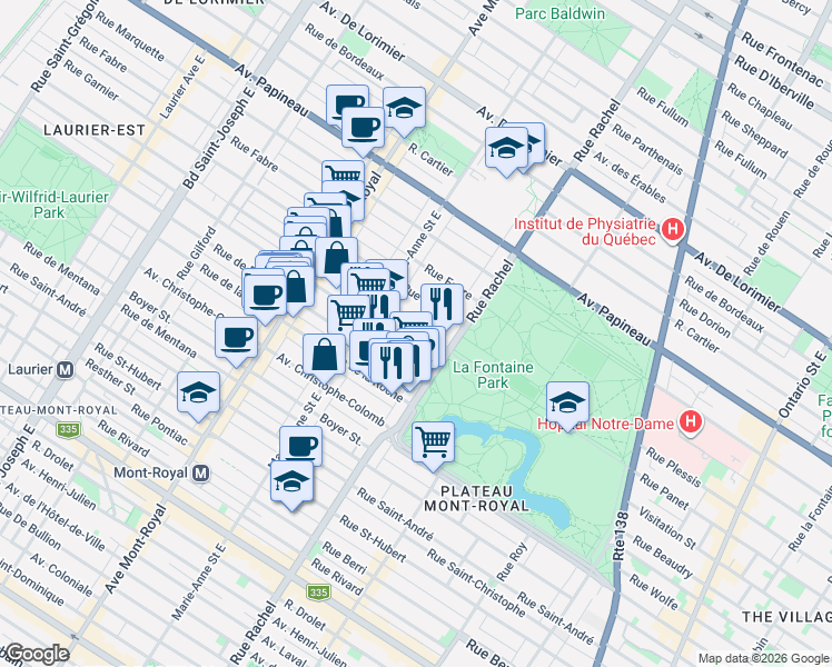 map of restaurants, bars, coffee shops, grocery stores, and more near 4250 Rue de Lanaudière in Montréal