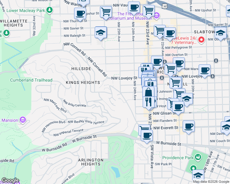 map of restaurants, bars, coffee shops, grocery stores, and more near 2514 Northwest Westover Road in Portland