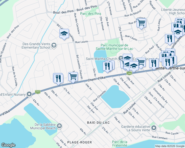 map of restaurants, bars, coffee shops, grocery stores, and more near 206 32e Avenue in Sainte-Marthe-sur-le-Lac