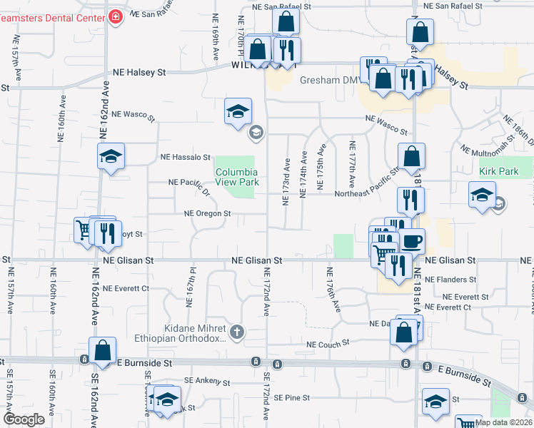 map of restaurants, bars, coffee shops, grocery stores, and more near Northeast 172nd Avenue in Portland
