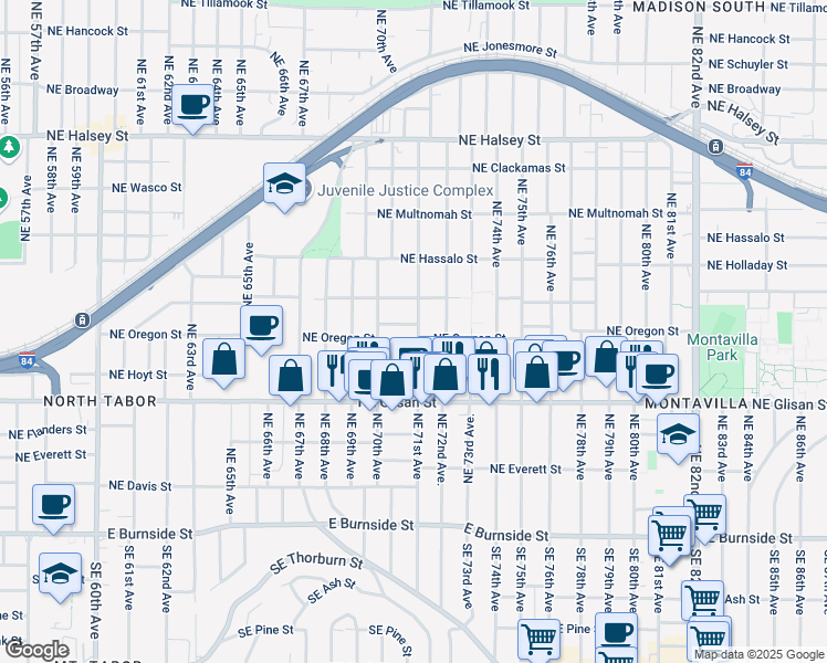 map of restaurants, bars, coffee shops, grocery stores, and more near 7043 Northeast Irving Street in Portland