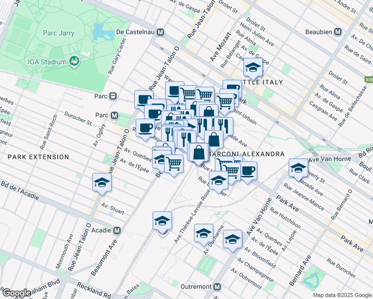 map of restaurants, bars, coffee shops, grocery stores, and more near in Montreal
