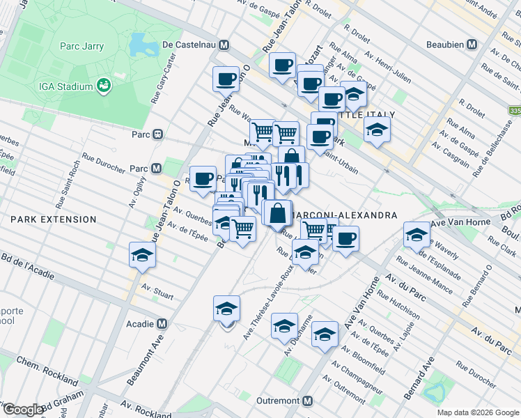 map of restaurants, bars, coffee shops, grocery stores, and more near 6785 Rue Hutchison in Montreal