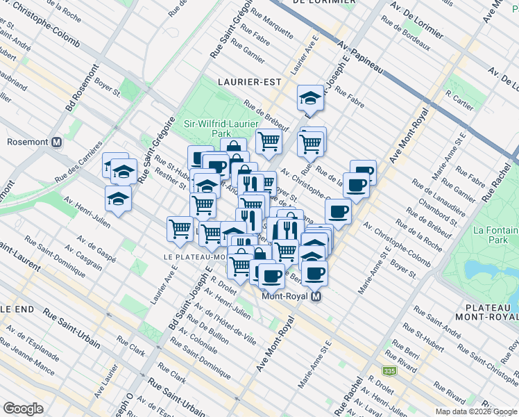 map of restaurants, bars, coffee shops, grocery stores, and more near 4756 Rue Saint-André in Montréal