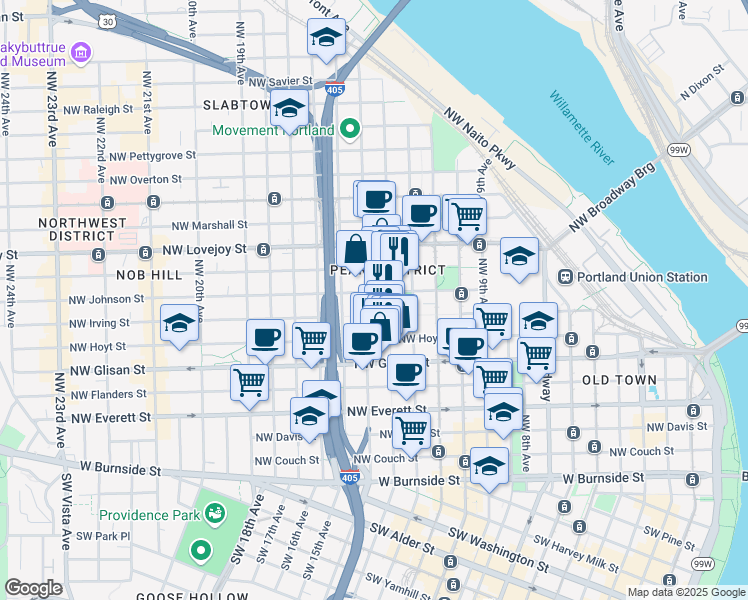 map of restaurants, bars, coffee shops, grocery stores, and more near 710 Northwest 14th Avenue in Portland