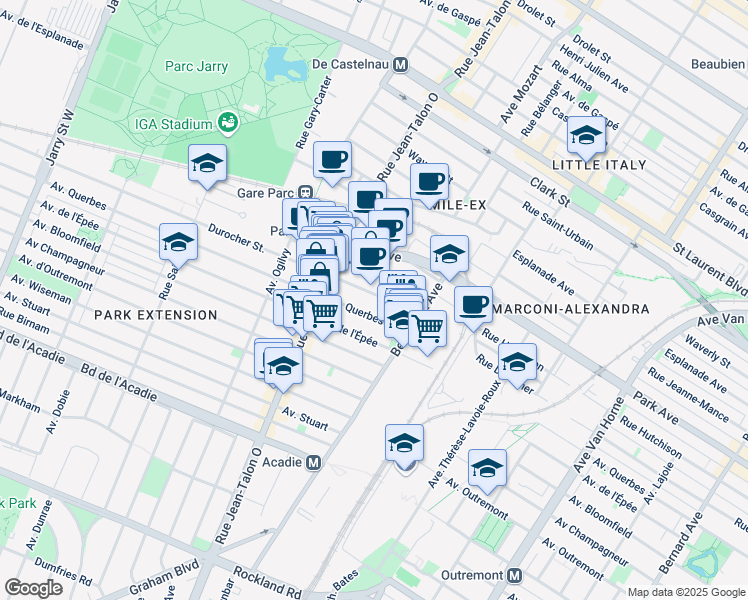 map of restaurants, bars, coffee shops, grocery stores, and more near 7018 Rue Durocher in Montreal