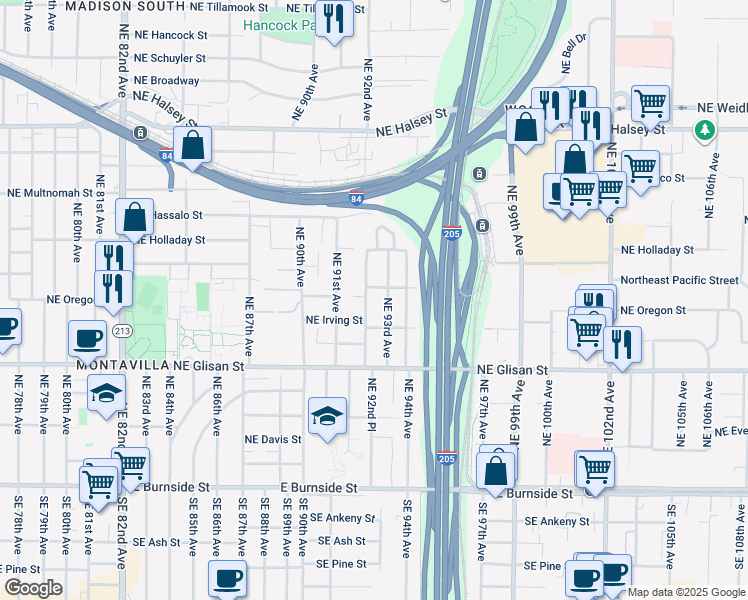 map of restaurants, bars, coffee shops, grocery stores, and more near 729 Northeast 93rd Avenue in Portland