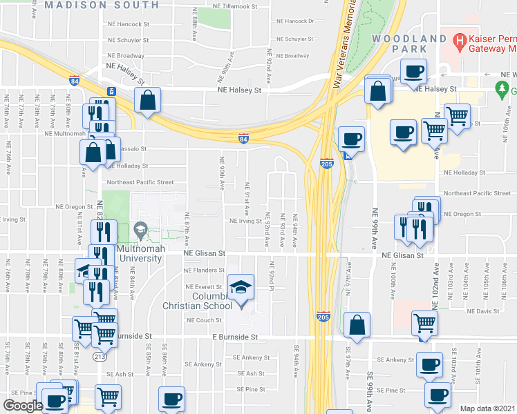 map of restaurants, bars, coffee shops, grocery stores, and more near 9117 Northeast Irving Street in Portland