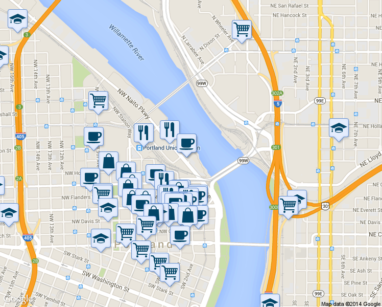 map of restaurants, bars, coffee shops, grocery stores, and more near in Portland
