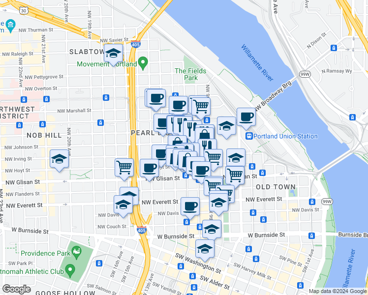 map of restaurants, bars, coffee shops, grocery stores, and more near in Portland