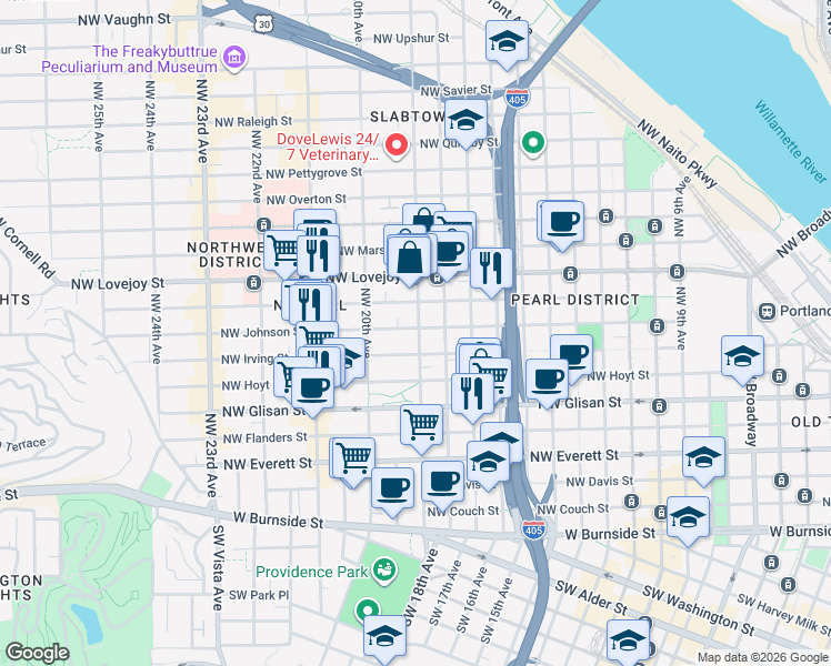 map of restaurants, bars, coffee shops, grocery stores, and more near 1929 Northwest Irving Street in Portland
